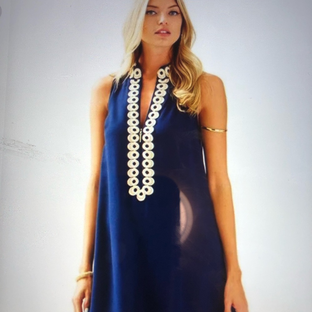 Lilly Pulitzer Jane Navy shift dress with gold embroidery